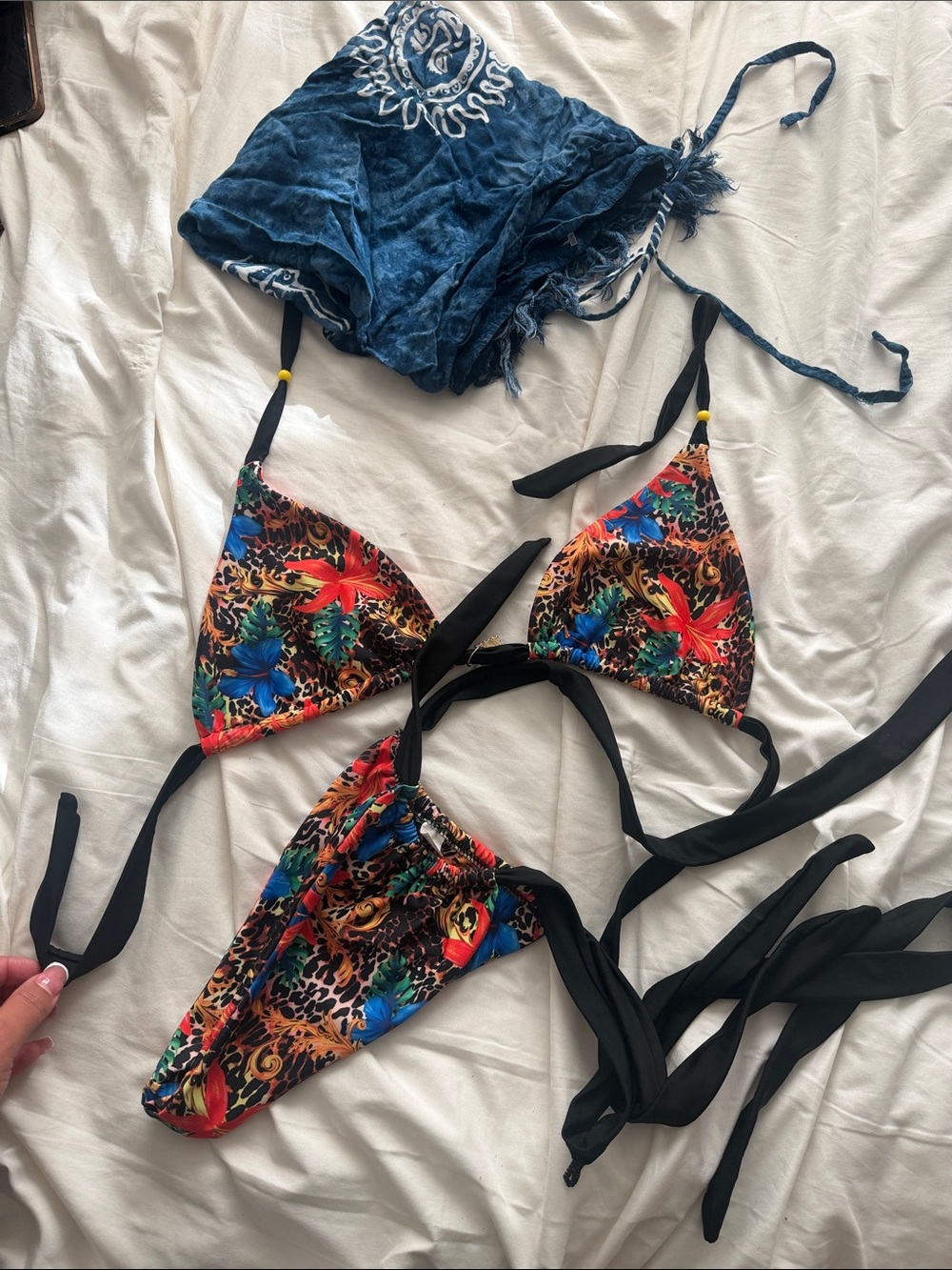 Tropical Floral Leopard Print Triangle Bikini - Black Straps free cover up